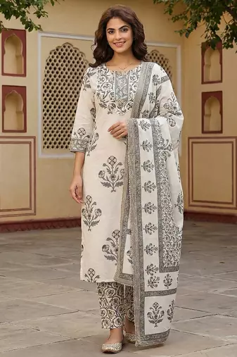 Anouk grey and off white pure cotton straight regular kurta set