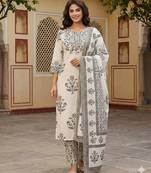 Anouk grey and off white pure cotton straight regular kurta set