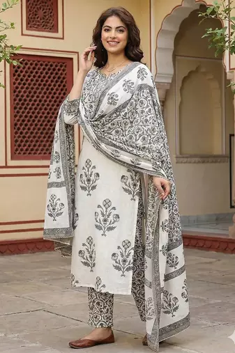 grey and off white pure cotton straight regular kurta set