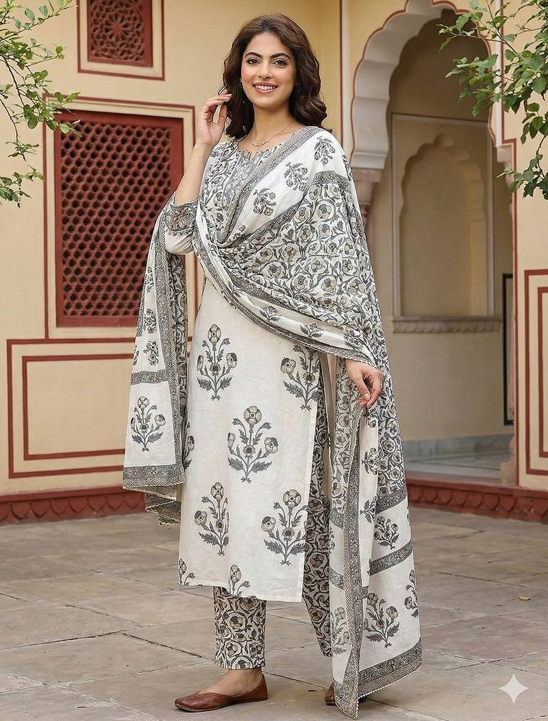 Anouk grey and off white pure cotton straight regular kurta set