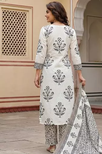 grey and off white pure cotton straight regular kurta set