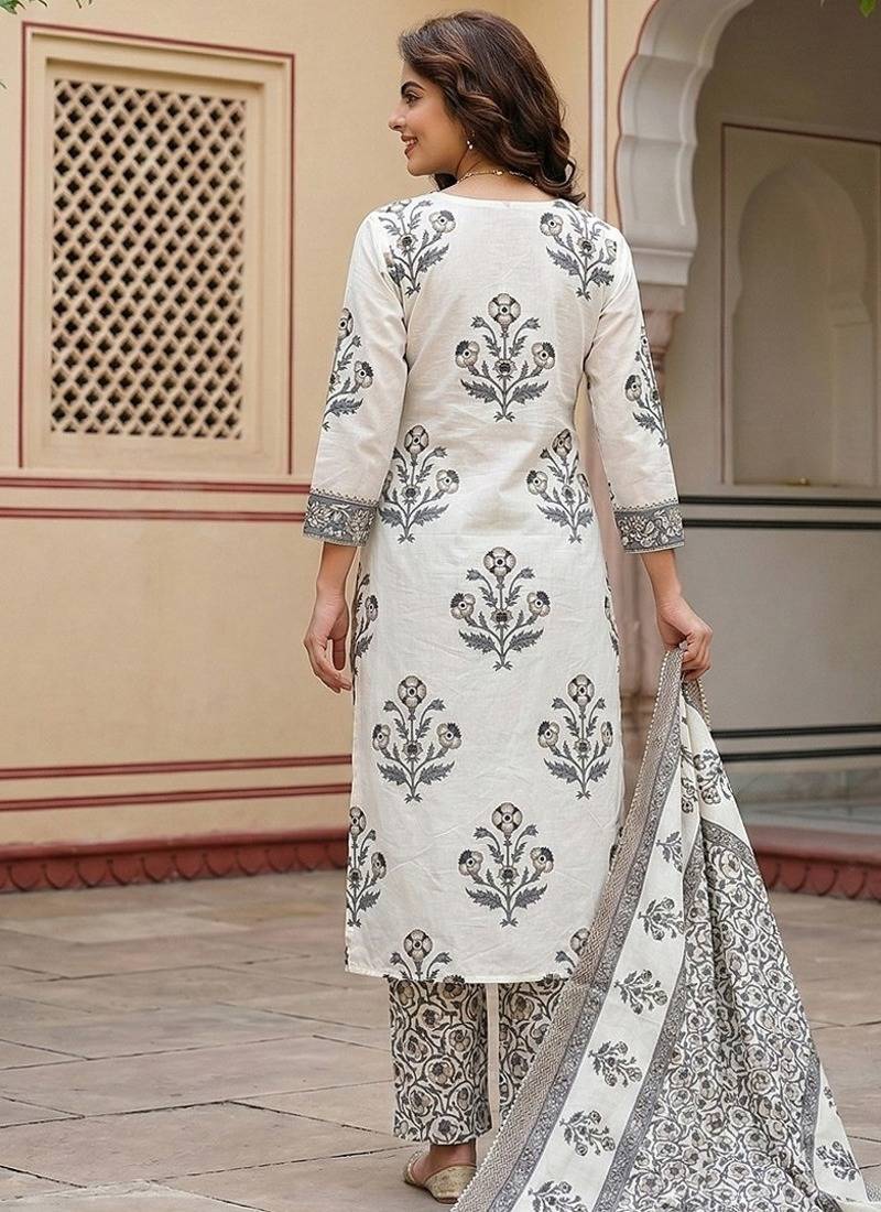 Anouk grey and off white pure cotton straight regular kurta set