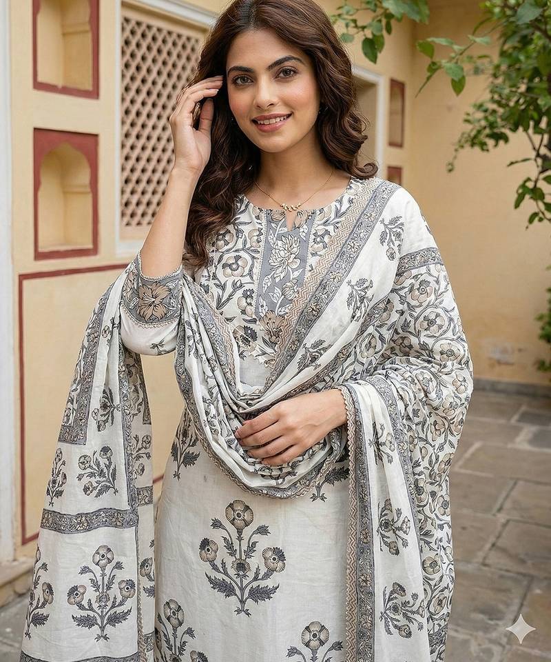 Anouk grey and off white pure cotton straight regular kurta set
