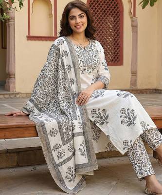 grey and off white pure cotton straight regular kurta set 5