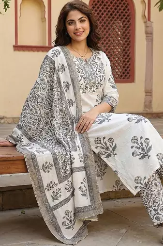grey and off white pure cotton straight regular kurta set