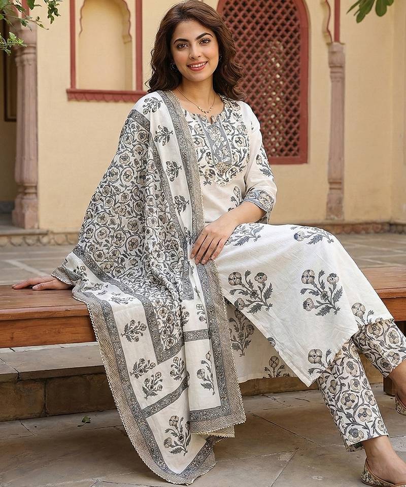 Anouk grey and off white pure cotton straight regular kurta set