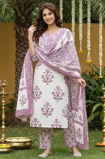 Anouk purple and off white pure cotton straight regular kurta set