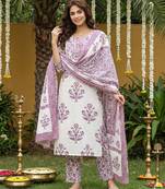 Anouk purple and off white pure cotton straight regular kurta set