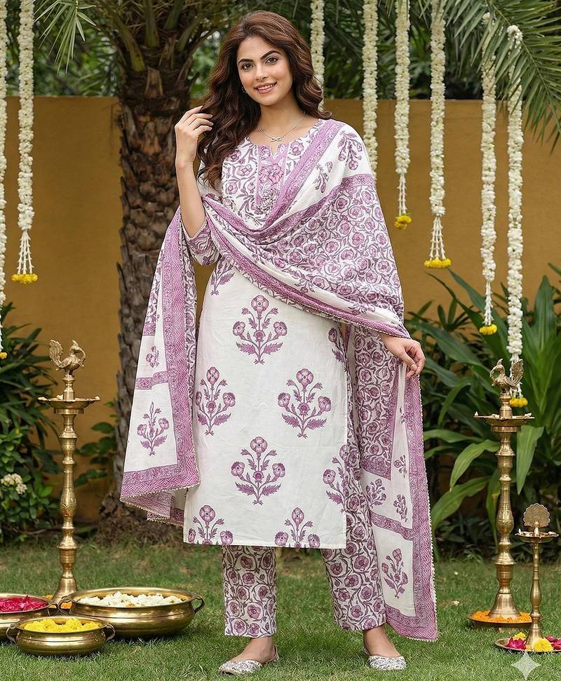 Anouk purple and off white pure cotton straight regular kurta set