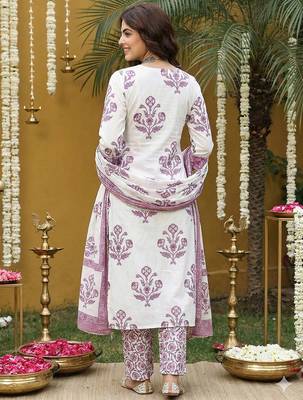 purple and off white pure cotton straight regular kurta set 2