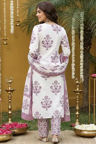 purple and off white pure cotton straight regular kurta set