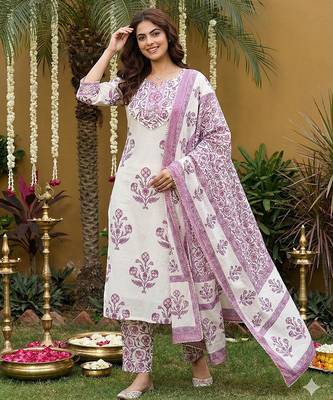 purple and off white pure cotton straight regular kurta set 3