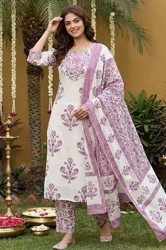 purple and off white pure cotton straight regular kurta set