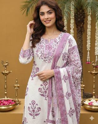 purple and off white pure cotton straight regular kurta set 4