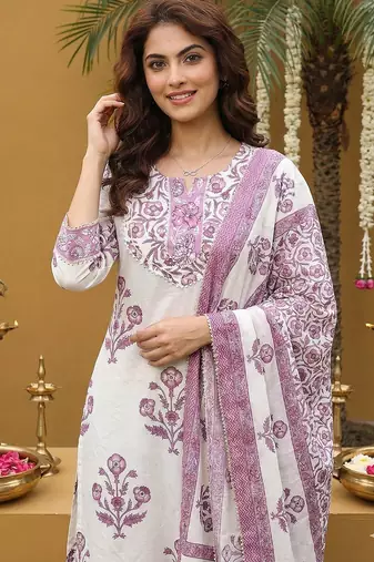 purple and off white pure cotton straight regular kurta set