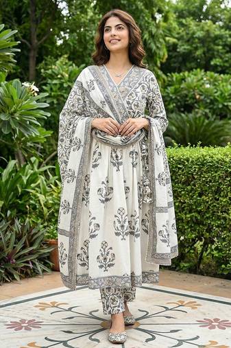 Anouk grey and off white pure cotton anarkali gathered or pleated kurta set