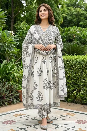 Anouk grey and off white pure cotton anarkali gathered or pleated kurta set