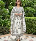 Anouk grey and off white pure cotton anarkali gathered or pleated kurta set
