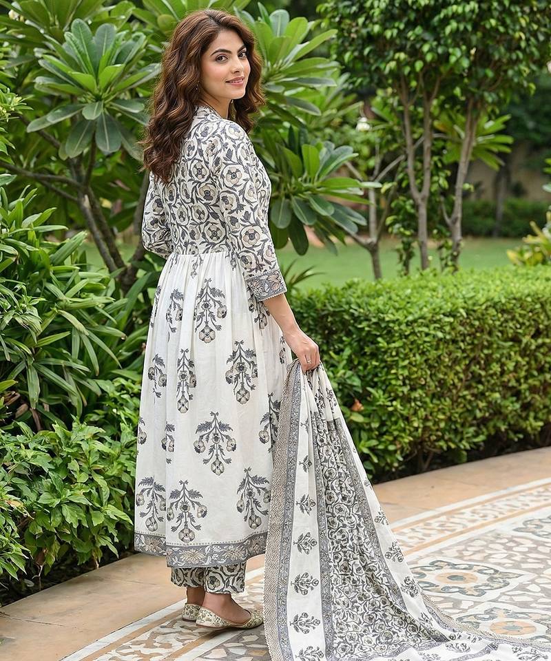 Anouk grey and off white pure cotton anarkali gathered or pleated kurta set