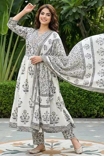 grey and off white pure cotton anarkali gathered or pleated kurta set