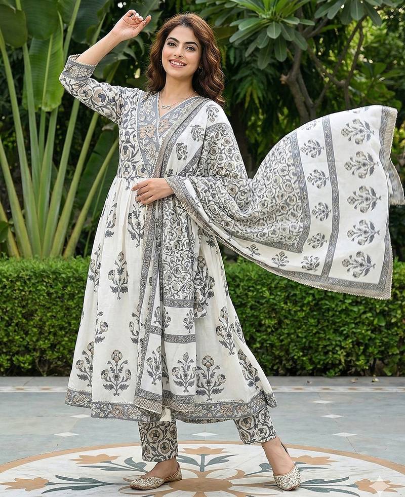 Anouk grey and off white pure cotton anarkali gathered or pleated kurta set