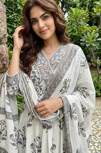 grey and off white pure cotton anarkali gathered or pleated kurta set