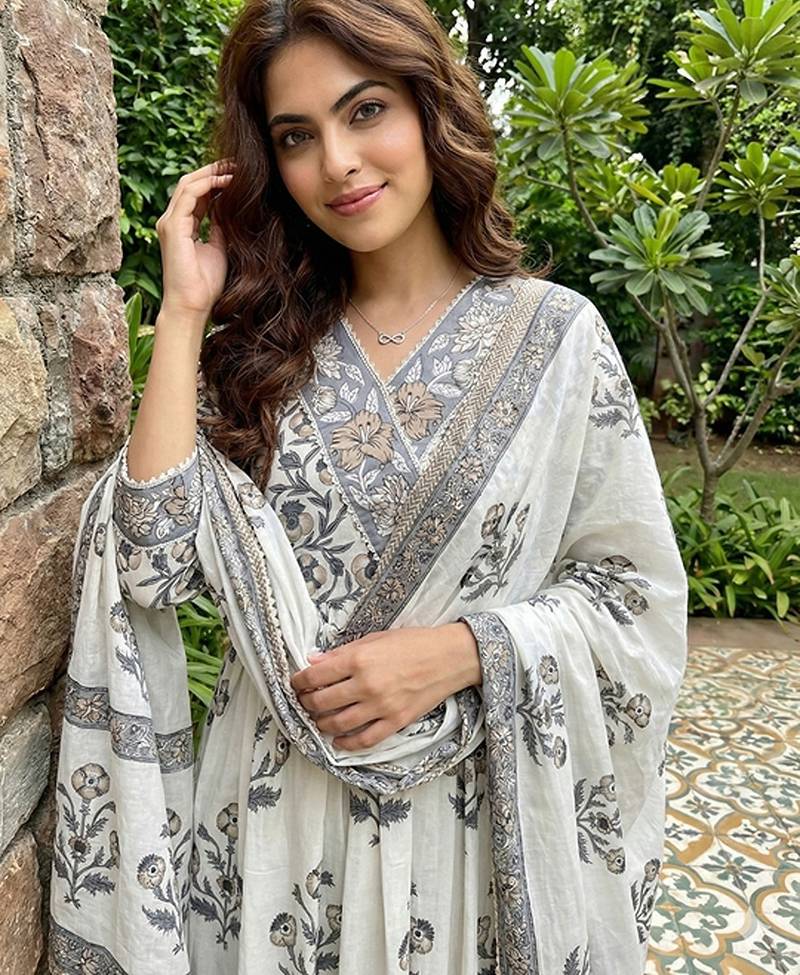 Anouk grey and off white pure cotton anarkali gathered or pleated kurta set