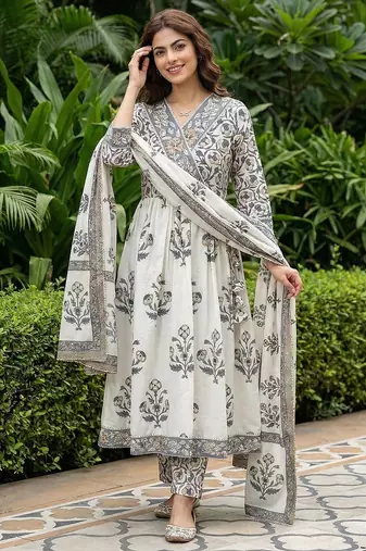 grey and off white pure cotton anarkali gathered or pleated kurta set