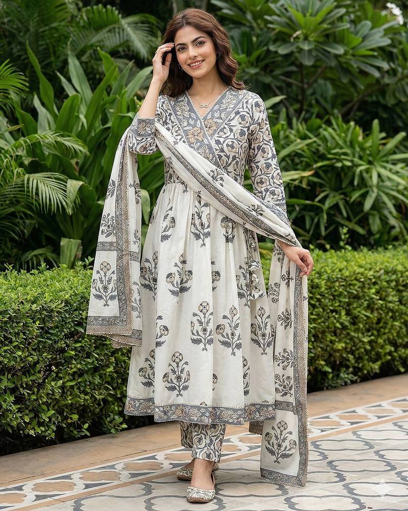 Anouk grey and off white pure cotton anarkali gathered or pleated kurta set