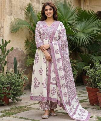 purple and off white pure cotton anarkali gathered or pleated kurta set 1