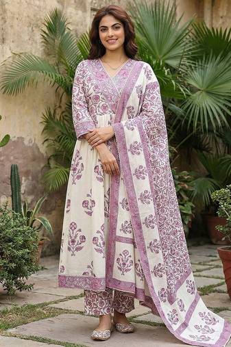 Anouk purple and off white pure cotton anarkali gathered or pleated kurta set