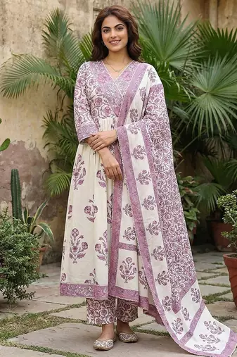Anouk purple and off white pure cotton anarkali gathered or pleated kurta set