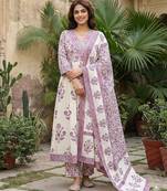 Anouk purple and off white pure cotton anarkali gathered or pleated kurta set