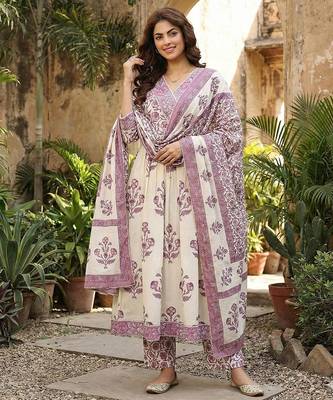 purple and off white pure cotton anarkali gathered or pleated kurta set 2