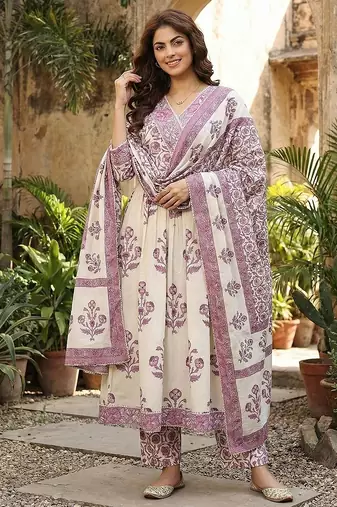 purple and off white pure cotton anarkali gathered or pleated kurta set