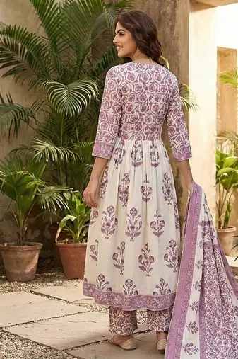 purple and off white pure cotton anarkali gathered or pleated kurta set