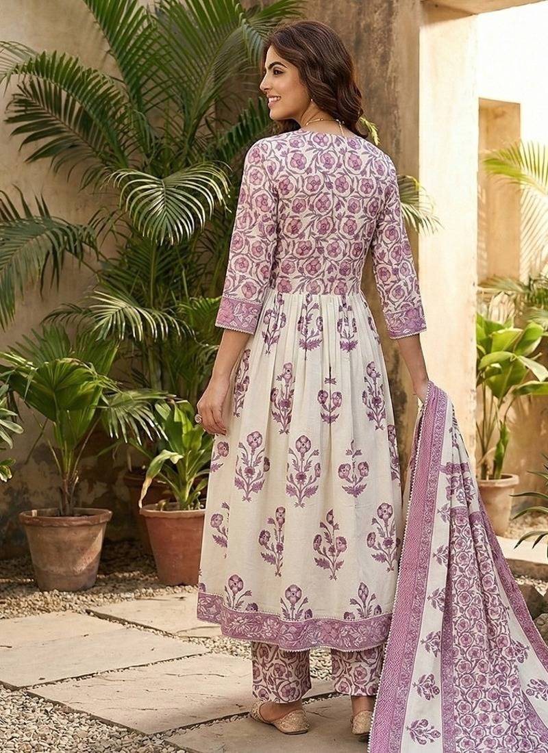 Anouk purple and off white pure cotton anarkali gathered or pleated kurta set