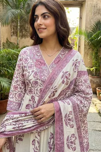 purple and off white pure cotton anarkali gathered or pleated kurta set