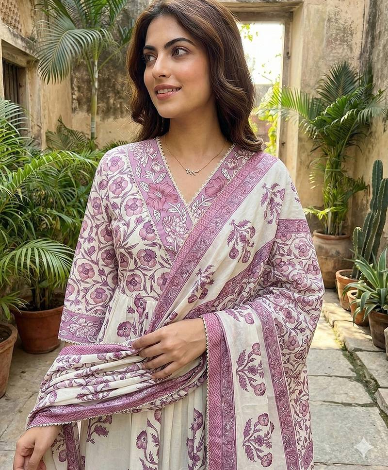 Anouk purple and off white pure cotton anarkali gathered or pleated kurta set