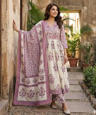 purple and off white pure cotton anarkali gathered or pleated kurta set 5