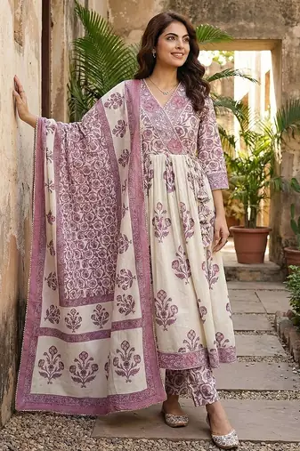 purple and off white pure cotton anarkali gathered or pleated kurta set