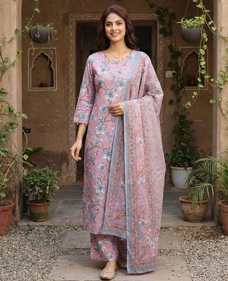Anouk pink and grey pure cotton straight regular kurta set 1