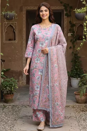 Anouk pink and grey pure cotton straight regular kurta set