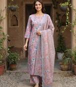Anouk pink and grey pure cotton straight regular kurta set