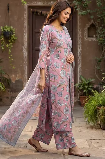 Anouk pink and grey pure cotton straight regular kurta set