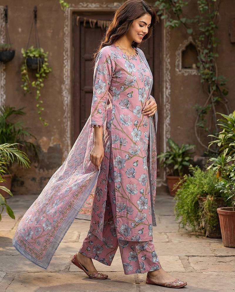 Anouk pink and grey pure cotton straight regular kurta set