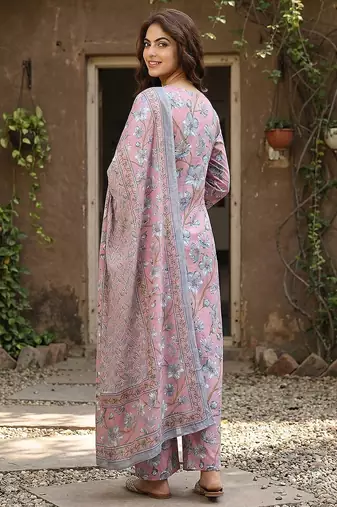 Anouk pink and grey pure cotton straight regular kurta set