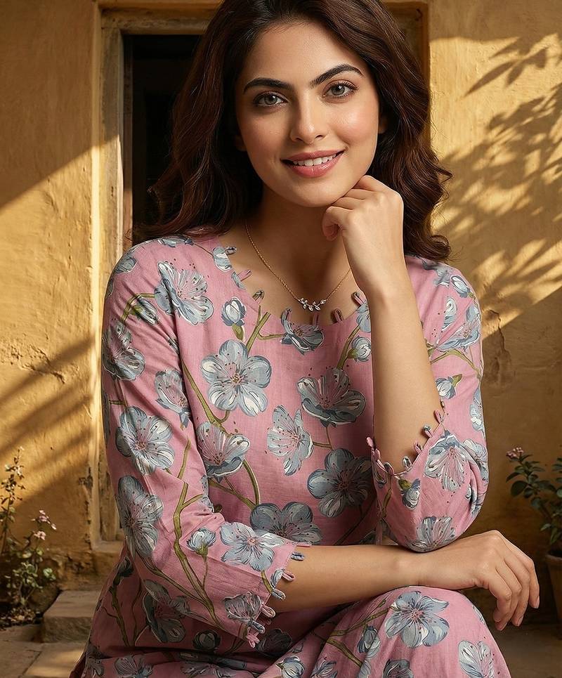 Anouk pink and grey pure cotton straight regular kurta set