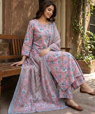 Anouk pink and grey pure cotton straight regular kurta set 5