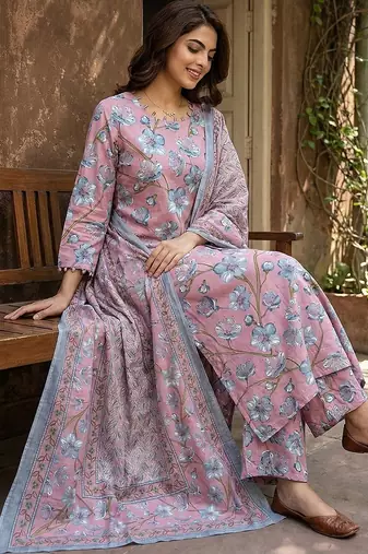 Anouk pink and grey pure cotton straight regular kurta set